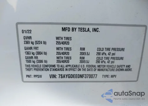 2022 Tesla Model Y Long Range Dual Motor All-Wheel Drive z USA, uszkodzony, nr VIN 7SAYGDEE0NF370077